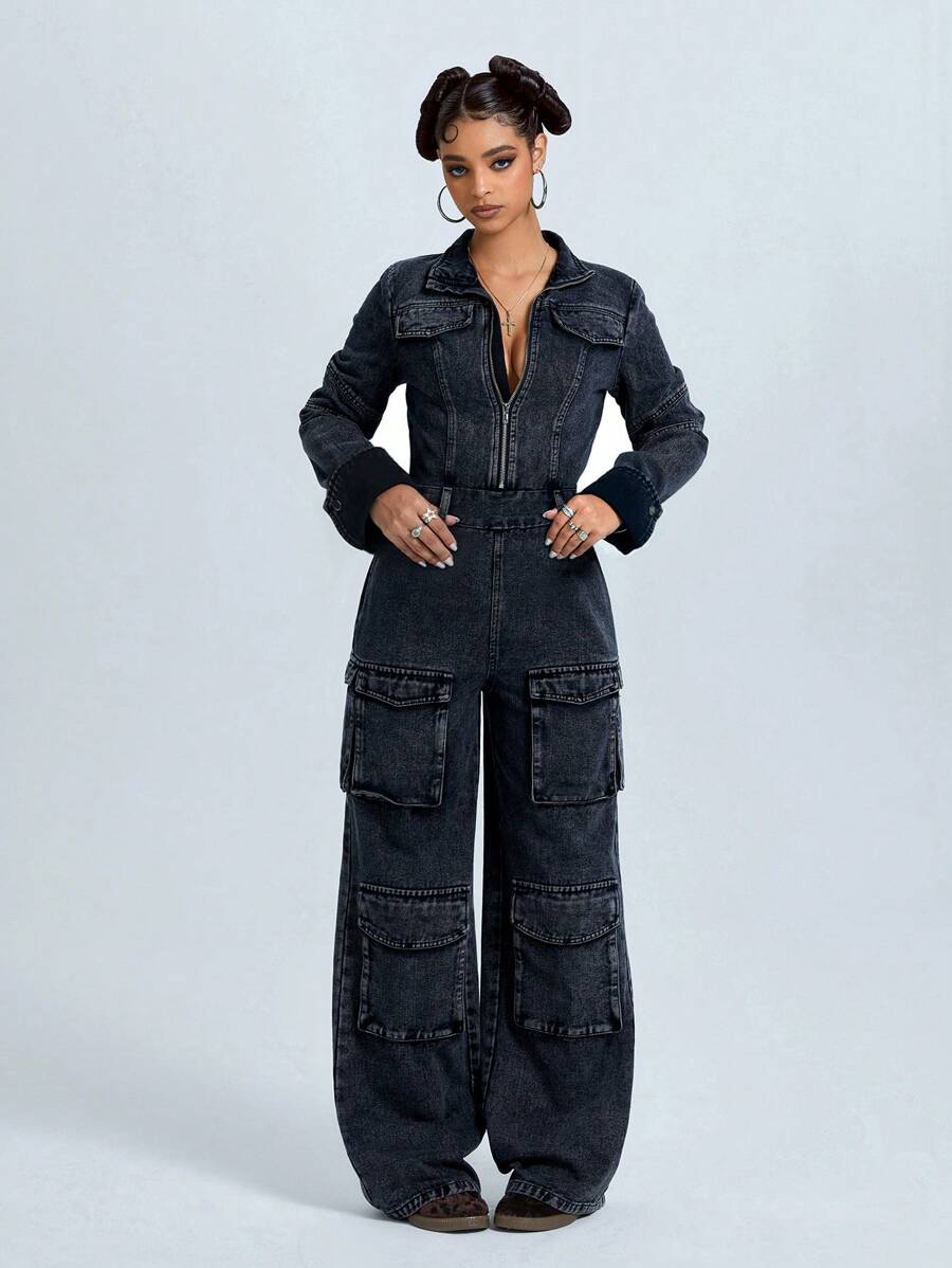 SHEIN ICON Bộ đồ liền thân denim rộng thùng thình thường ngày Jeanoix dành cho nữ, mùa thu - Màu xám đen - Xem 1