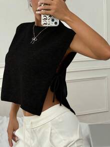 Flirla Women's Solid Round Neck Tie Up Loose Casual Vest - Black - View 5