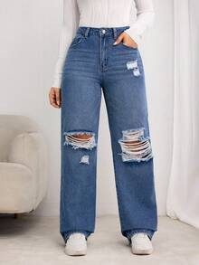 SHEIN LUNE Quần Jeans Ống Thẳng Thường Ngày Cho Nữ - Màu xanh lam - Xem 5