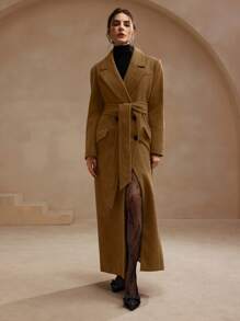 Anewsta 女士优雅现代棕色和芥末色系带中长款西装外套 - 摩卡棕 - 查看 7