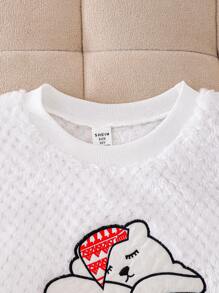 SHEIN Girls Casual Comfortable 2pcs Set, White Minimalist Cute Bear & English Letter Embroidered Fleece Long Pants And Long Sleeve Top, Warm For Homewear - Multicolor - View 3