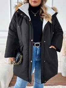SHEIN CURVE+ Manteau matelassé à capuche, en patchwork moelleux avec poches, pour femmes en grande taille pour l'hiver