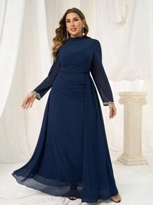 Coutiva 大码优质亮片珍珠袖口正式晚礼服，派对奢华晚礼服舞会礼服，带亮片和珍珠袖口，婚礼宾客礼服 - 藏蓝色 - 查看 7