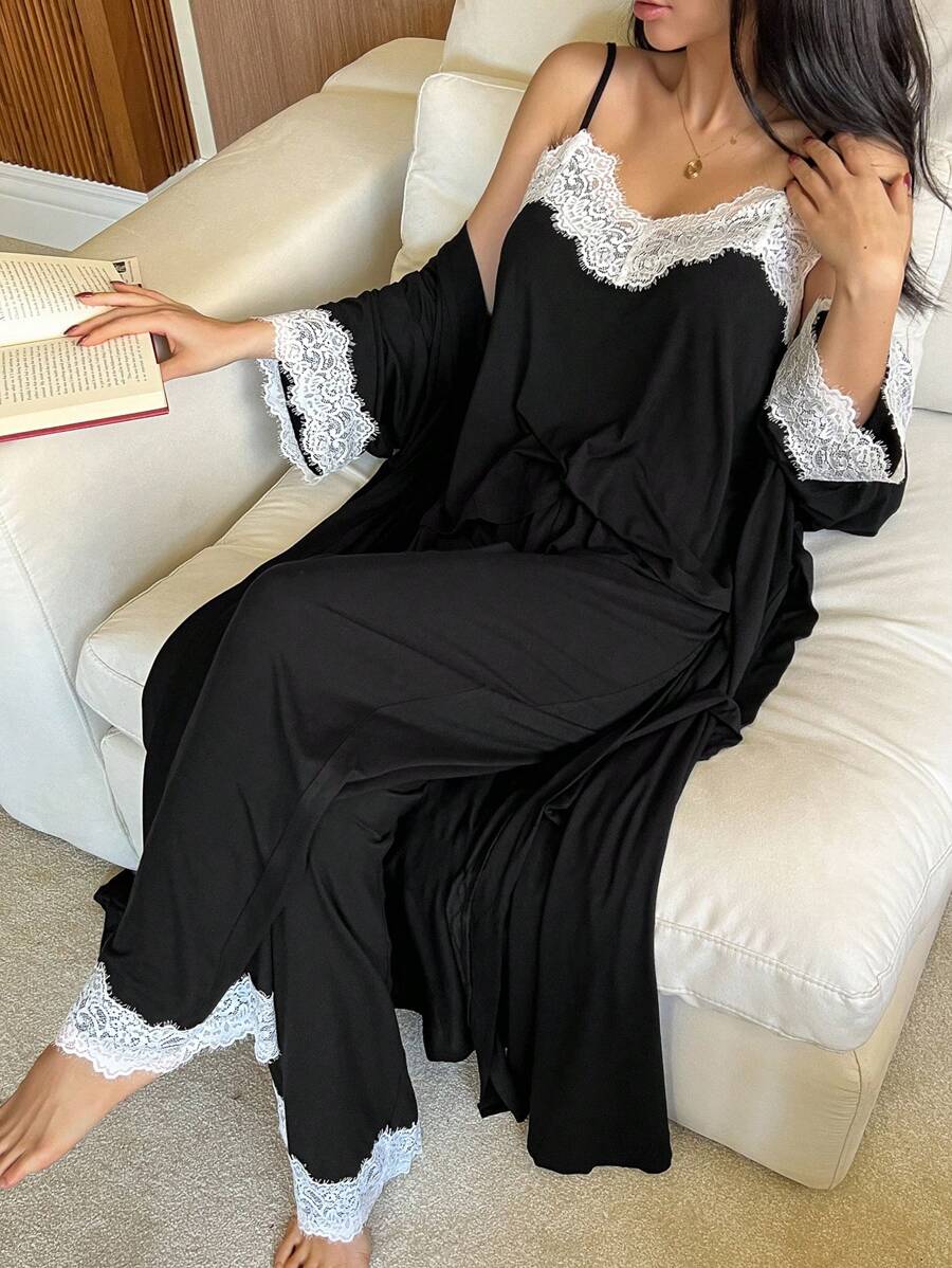 DAZY 3pcs Set Contrast Color Lace Patchwork Cami Top & Belted Robe & Pants Sleepwear Pajama Set, Back To School Clothes, Fall Winter Clothes - Black - View 1