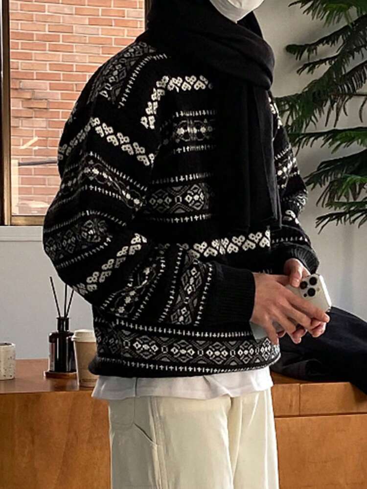 Men's Geometric Pattern Round Neck Long Sleeve Casual Sweater, Autumn/Winter