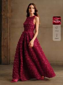 Anewsta 女士优雅玫瑰花朵 3D 点缀无袖编织礼服酒红色新年服装长款女装 - 紅色 - 查看 7