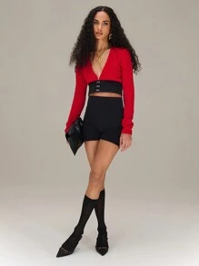 SHEIN Unity Hook And Eye Contrast Waist Panel Long Sleeve Plunge Top New Years Fall Cloth For Women - Red and Black - View 3