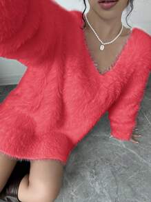 Elenzga 女士休闲纯色针织毛衣，秋冬季新年衣服 - 紅色 - 查看 6