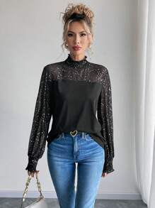 SHEIN Clasi Women's Sequin Mesh Paneled Solid Color Blouse