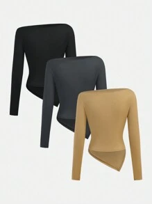 Girlism 3 件套青少年女孩不对称褶皱优雅露肩长袖多色 T 恤