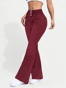 (Cotton Blend) Women Single Button Down Waist Fitted Stretch Denim Flare Pants - Red - View 5