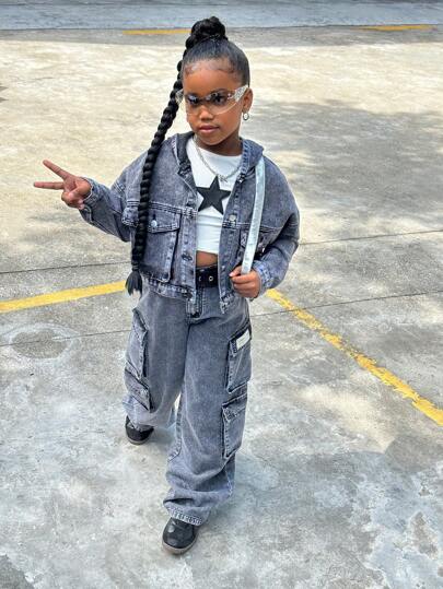 SHEIN Streecool Kids Oversized Girls' Fashion Baggy Pockets Design Drop Shoulder Hoodie Denim Jacket'