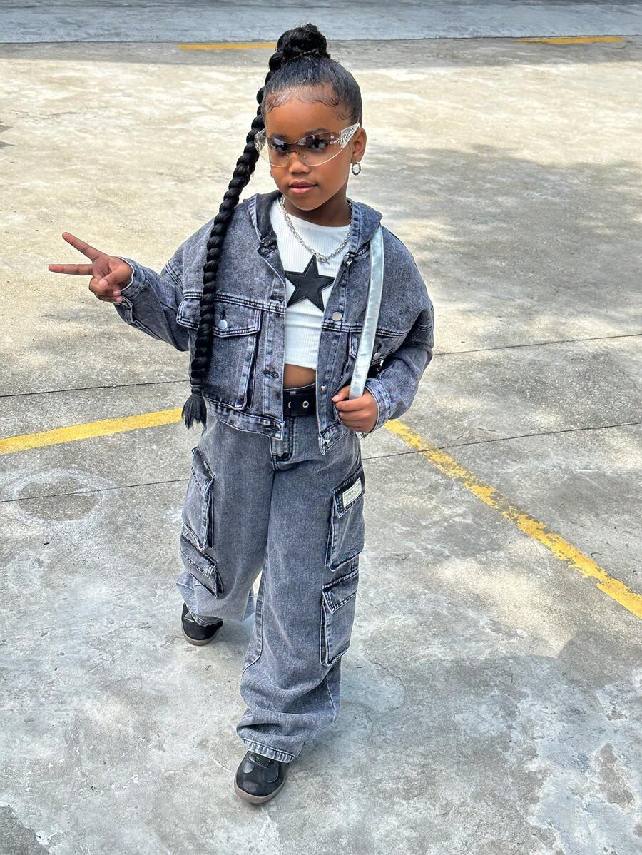 SHEIN Streecool Kids Oversized Girls' Fashion Baggy Pockets Design Drop Shoulder Hoodie Denim Jacket'