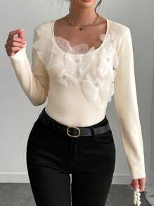 Chiquease 优雅女士小领3D立体花卉装饰长袖套头毛衣针织衫秋冬款 - 杏色 - 查看 6