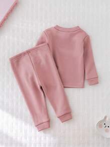 2 件装女婴卡通图案印花圆领长袖 T 恤 + 柔软羊毛裤睡衣套装，舒适温暖，适合秋冬季 - 淺粉色 - 查看 4