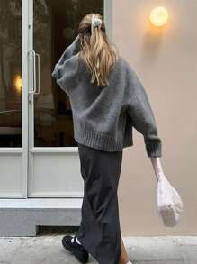 INAWLY Pull casual ample à fermeture éclair de unicolore pour femme