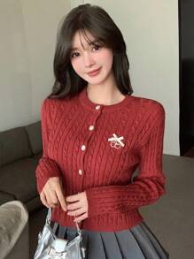 DAZY Textured Cable Knit Embroidery Letter Cardigan Sweater, Christmas Wear For Women ,Holiday