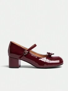 Dola Lovely 女士时尚百搭简约休闲蝴蝶结装饰高跟鞋，适合圣诞节和新年假期氛围秋冬季 - 紅木色 - 查看 3