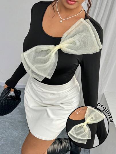 SHEIN Unity Plus Size Women's Elegant Long Sleeve Knit Organza Custom Made Butterfly Decor Fitted Bodysuit Fall Cloth For Women