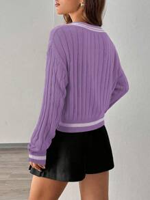 Chiquease 女士休闲马匹印花撞色条纹 V 领蝙蝠袖宽松粗针织套头毛衣 - 紫丁香色 - 查看 2