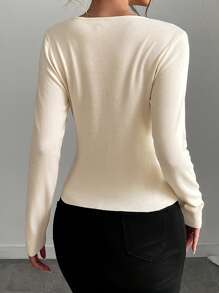 Chiquease 优雅女士小领3D立体花卉装饰长袖套头毛衣针织衫秋冬款 - 杏色 - 查看 2