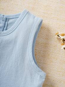 Souflis Souflis 2pcs/Set Baby Girl Blue Spring/Summer Outfit, Elegant Lovely Bow Decorated Round Neck Top With Ruffle Hem & Shorts For Daily Casual Occasions - Baby Blue - View 8