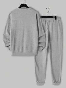 EURMUSE Men's Simple Casual English Printed Sweatshirt Set - Grey - View 2