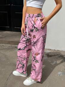 INAWLY Pantalones rectos de mujer informales con estampado de hojas rosadas