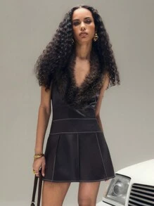 TypaGal Winter Faux Fur Collar Contrast Stitch PU Backless Pleated Dress Winter - Brown - View 6