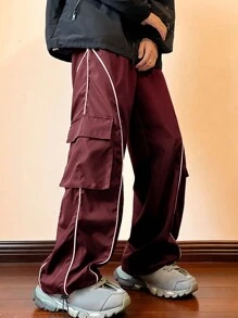Claim Dot Loose Fit Men's Letter Patched Detail Contrast Piping Flap Pocket Side Cargo Pants - Burgundy - View 4