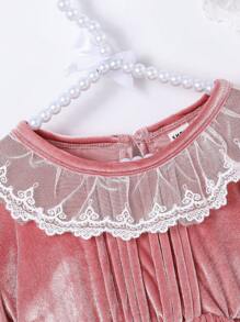 Baby Girls Spring/Autumn/Winter Comfortable Sweet High End Korean Fleece Patchwork Lace Collar Bodysuit With Lace Hat Clothing Set - Pink - View 6