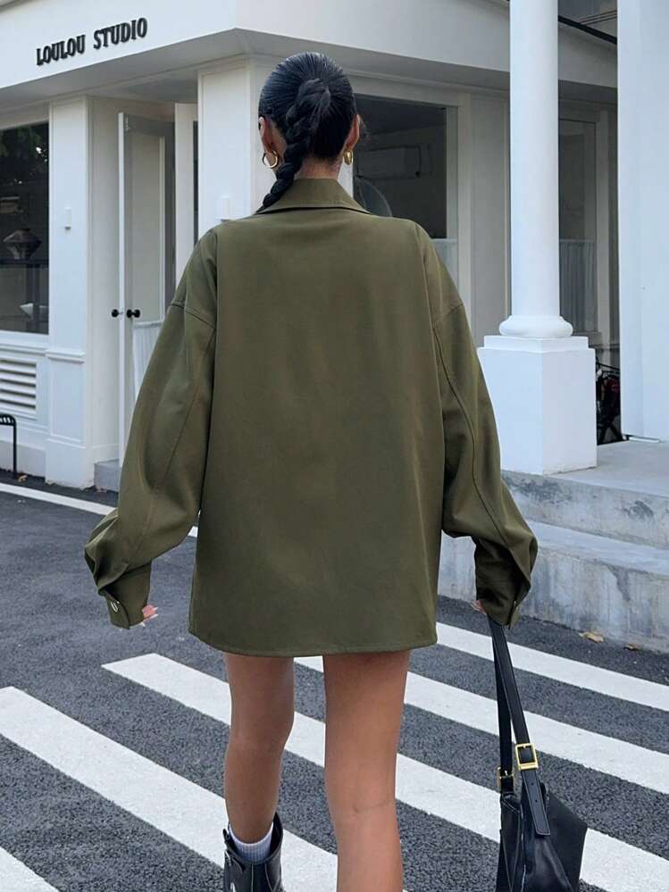 SHEIN EZwear 女士时尚夹克 翻盖口袋 落肩纽扣衬衫 长袖衬衫 - 黑色 - 查看 2