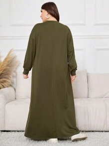 Al Najma 加大码简约优雅纯色荷叶边长款运动衫连衣裙，休闲连衣裙运动衫，适合日常休闲 - 綠色 - 查看 2