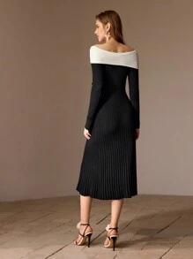 MOTF PREMIUM WOOL CONTRAST FOLDOVER OFF SHOULDER BEADED BOW DETAIL RIB-KNIT DRESS WITHOUT BELT - Black and White - View 8