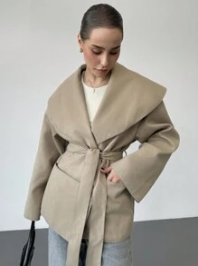 Aloruh Women's Winter Camel Coat Khaki Jacket Autumn Daily Outgoing Big Lapel Double Pocket Overcoat, Camel,Long Sleeve - Camel - View 4