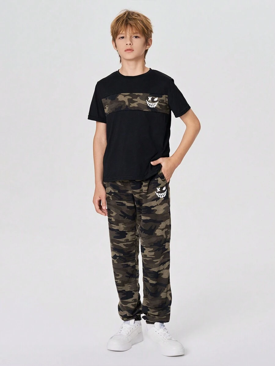 SHEIN Boys Cartoon & Camo Print Tee & Drawstring Waist Joggers - Multicolor - View 1
