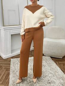 RueChic Woman Contrast Color And Pearls Detailed Regular Fit Winter Sweater Co-Ords Sweater Pants Two Piece