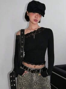 DAZY Women Autumn Contrast Lace Round Neck Long Sleeve Fitted Fashion T-Shirt Festival - Black - View 2