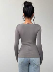 SHEIN BASICS 3pcs/Set Women's Casual Plain Knit Long Sleeve Fitted Crew Neck Half-Open Front T-Shirt