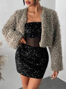 SHEIN SXY 新年优雅性感夜店必备情人节休闲棕色短长袖保暖卷毛仿皮草外套 - 紅白色 - 查看 7