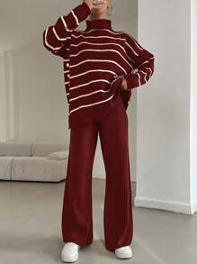 EURMUSE 2 peças/conjunto feminino listrado gola alta solto malha top e cor sólida calças compridas, casual wear - Borgonha - Ver 4
