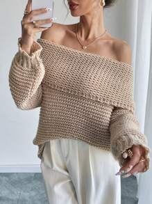 SHEIN LUNE Áo len chui đầu hở vai cỡ lớn đính lưới Rhinestone, thu/đông - Màu Khaki - Xem 6