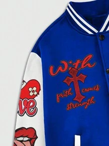 ROMWE MEN Street Life 男士秋季字母唇印拼色长袖单排扣休闲棒球夹克 - 藍色 - 查看 4