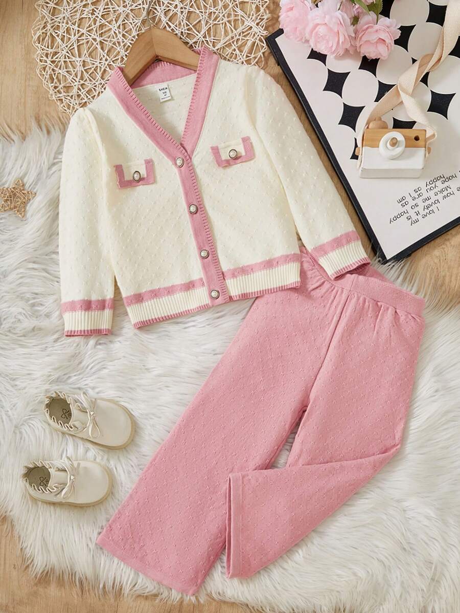 SHEIN Young Girl Autumn/Winter Colorblock Single-Breasted Cardigan & Knit Pants Sweater Set - Apricot - View 1