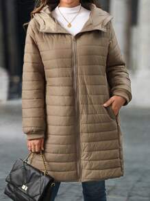 SHEIN LUNE Thick Padded Hooded Mid-Length Parka Padded Coat For Winter Clothes - Khaki - View 3