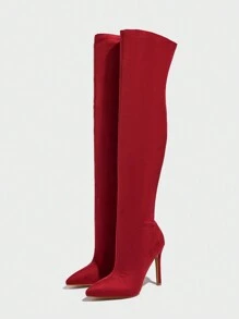 CUCCOO SZL Pointed Toe Slim Heel Thigh High Fashion Boots For Women For Christmas And New Year Holiday Valentines Valentine's Day Spring Shoes - Red - View 3