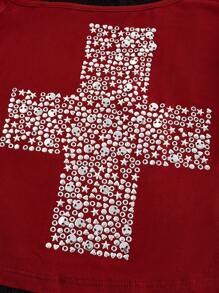 ROMWE Grunge Punk 性感 Y2K 风格水钻骷髅和星星印花镂空拼接细肩带长袖二合一女式 T 恤 - 紅色 - 查看 3