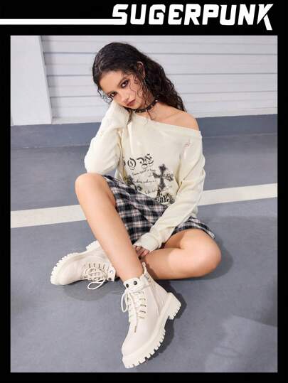 Sugerpunk Botas de plataforma de tobillo de mujer con puntera redonda beige, suela gruesa de 5 cm, remaches metálicos, plataforma acolchada y estilo universitario estilizador