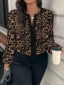 SHEIN Clasi 大码女式豹纹 V 领时尚衬衫，秋季