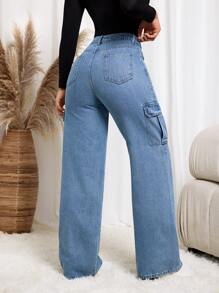 SHEIN LUNE 1 件女士休闲纯色口袋宽腿宽松牛仔裤 - 藍色 - 查看 2